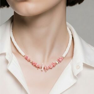 Pink Coral Shell Bead Choker Necklace Women Jewelry 16”